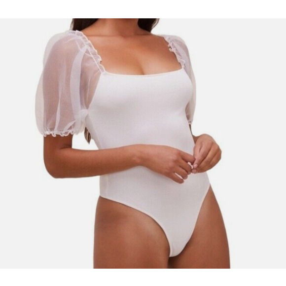 Astr the Label Ivory Sheer Puff Sleeve Bodysuit S Parisian French Girl Basic NWT - Picture 10 of 12